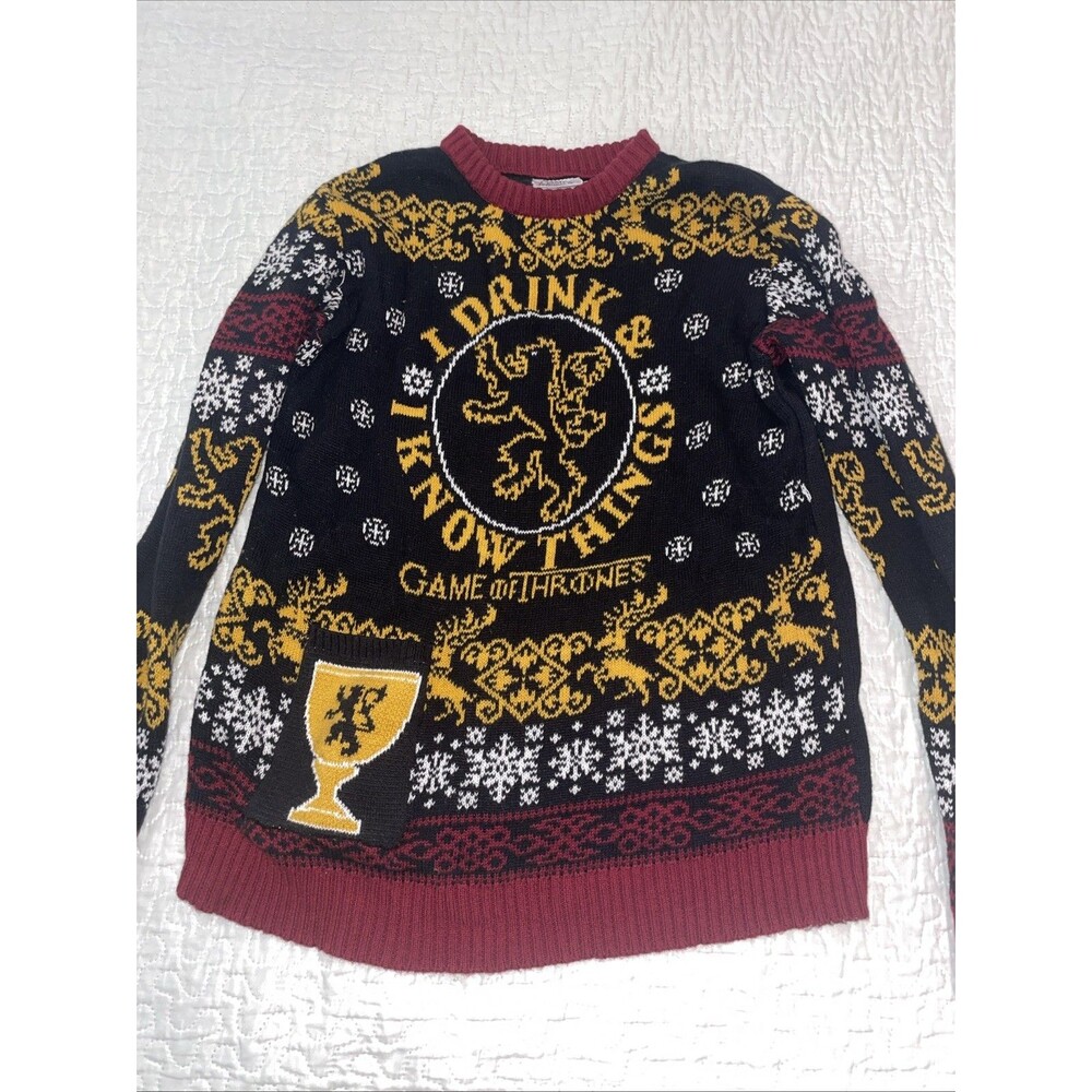 Game of Thrones Iron Anniversary Ugly Sweater Mens Sz S Sm Drink & I Know Things
